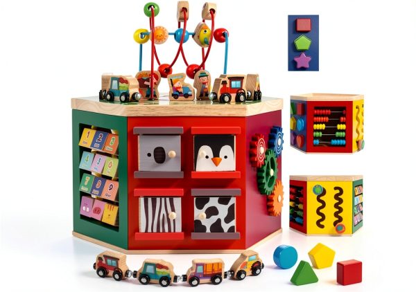 Wise Wood Activity Cube Wooden Toy for Toddlers Farm Theme-0