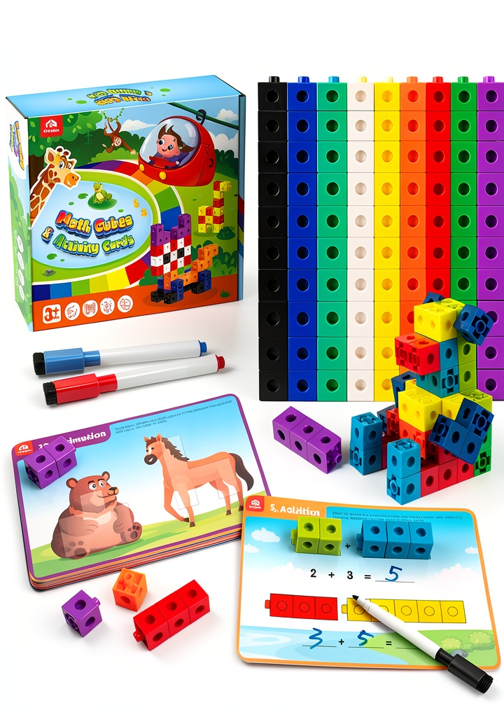Coogam math cubes set with activity cards and markers on a table