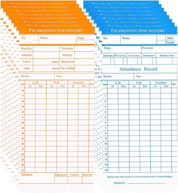 Flexzion Time Cards, Monthly Timesheet, Clock Timecard - 270 Pack, 6 Column 2-Sided Orange/Blue, Card for Time Punch Clock, Employee Attendance, Payroll Recorder, Small Business-4