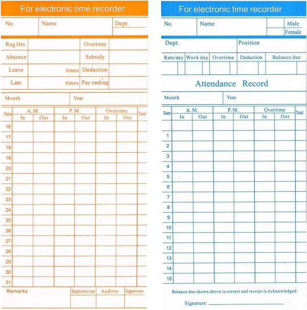 Flexzion Time Cards, Monthly Timesheet, Clock Timecard - 270 Pack, 6 Column 2-Sided Orange/Blue, Card for Time Punch Clock, Employee Attendance, Payroll Recorder, Small Business-1