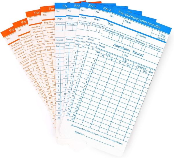 Flexzion Time Cards, Monthly Timesheet, Clock Timecard - 270 Pack, 6 Column 2-Sided Orange/Blue, Card for Time Punch Clock, Employee Attendance, Payroll Recorder, Small Business-0